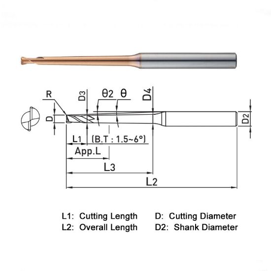 Picture of WIDIN ZSTNR2006-15-0901 DIA 0.60MM SH 0.1575 LOC 0.0157 OAL 2.165 End Mill Standard Flute Standard Helix Carbide AlTiN Single End Corner Radius 0.0039 0.10MM Z-STAR