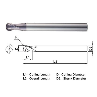 Picture of WIDIN TXB232160 DIA 16MM SH 0.6299 LOC 0.8661 OAL 5.9055 End Mill Standard Flute Standard Helix Carbide TiAlN Single End Ball Nose THUNDER