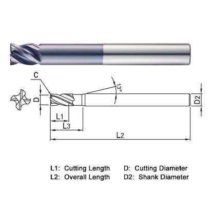 Picture of WIDIN XE524120 DIA 12MM SH 0.4724 LOC 0.5118 OAL 3.8189 End Mill Standard Flute Variable Helix Carbide AlTiN Single End Square Sharp X-STAR