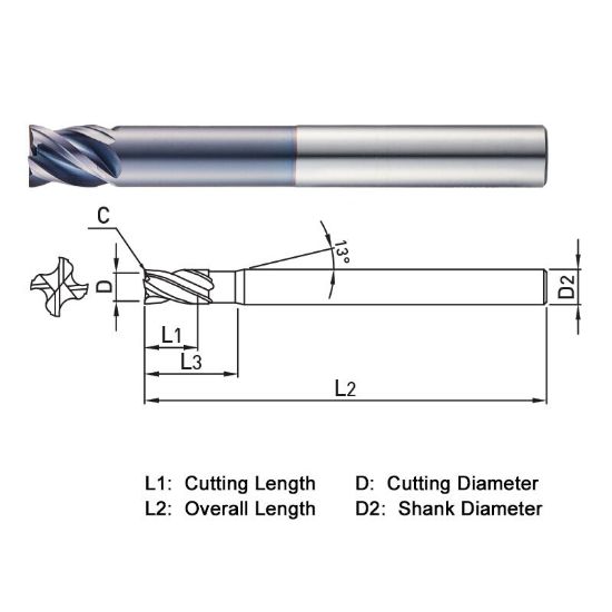 Picture of WIDIN XE524120 DIA 12MM SH 0.4724 LOC 0.5118 OAL 3.8189 End Mill Standard Flute Variable Helix Carbide AlTiN Single End Square Sharp X-STAR
