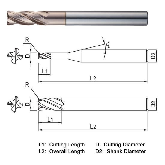 Picture of WIDIN WXR51410010100 DIA 10MM SH 0.3937 LOC 0.9843 OAL 3.9370 End Mill Standard Flute Variable Helix Carbide AlTiN Single End Corner Radius 0.0394 1.00MM WINNER
