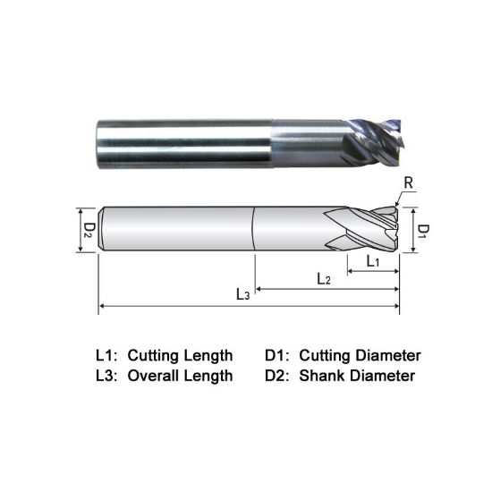 Picture of WIDIN XXR534A064030 DIA 1 SH 1.00 LOC 1.1250 OAL 4.50 End Mill Standard Flute Variable Helix Carbide AlTiN Single End Corner Radius 0.0300 0.76MM XX STAR