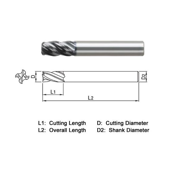 Picture of WIDIN VXR554A064190 DIA 1 SH 0.50 LOC 4.2500 OAL 7.00 End Mill Standard Flute Variable Helix Carbide TiAlN Single End Corner Radius 0.1900 4.83MM VH SERIES