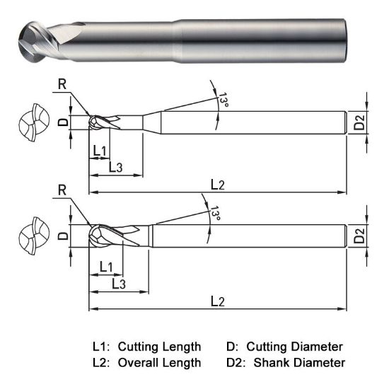 Picture of WIDIN WAB312162 DIA 16MM SH 0.6299 LOC 0.6299 OAL 7.8740 End Mill Standard Flute High Helix Carbide Uncoated Single End Ball Nose ALU-WAVE