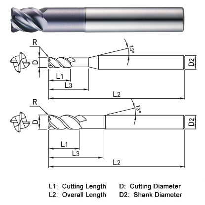 Picture of WIDIN ZR304H1010 DIA 10MM SH 0.3937 LOC 0.4724 OAL 2.7559 End Mill Standard Flute High Helix Carbide TiAlN Single End Corner Radius 0.0394 1.00MM THUNDER