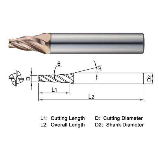 Picture of WIDIN WTE50406002 DIA 6MM SH 0.3150 LOC 0.7874 OAL 2.5591 End Mill Taper Flute Carbide AlTiN Single End Square Sharp WINNER