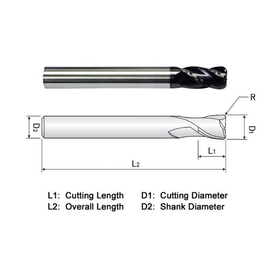 Picture of WIDIN ZR524A01220 DIA 3/16 SH 0.2500 LOC 0.6250 OAL 2.50 End Mill Standard Flute Standard Helix Carbide AlTiN Single End Corner Radius 0.0200 0.51MM Z-CLASSIC
