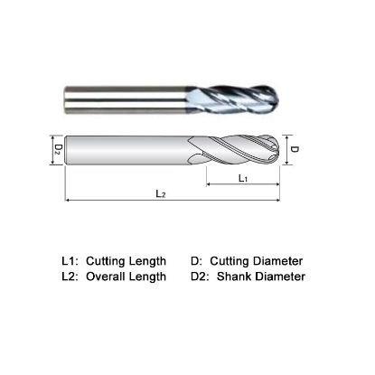 Picture of WIDIN ZB304005 DIA 5/64 SH 0.1250 LOC 0.2500 OAL 1.50 End Mill Standard Flute Standard Helix Carbide AlTiN Single End Ball Nose General Purpose