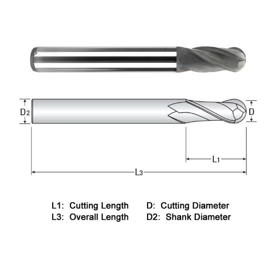 Picture of WIDIN WGB502A0.01-0.1-1.5SP DIA 0.25MM SH 0.1250 LOC 0.50 OAL 1.50 End Mill Standard Flute Standard Helix Carbide Diamond Single End Ball Nose Z-GRA-MATE