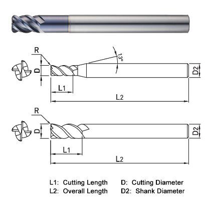 Picture of WIDIN ZR3240405 DIA 4MM SH 0.2362 LOC 0.4331 OAL 2.7559 End Mill Standard Flute Standard Helix Carbide TiAlN Single End Corner Radius 0.0197 0.50MM THUNDER