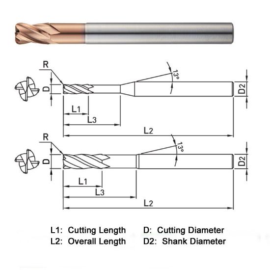 Picture of WIDIN ZR7241202038 DIA 12MM SH 0.4724 LOC 0.7087 OAL 4.3307 End Mill Standard Flute Standard Helix Carbide AlTiN Single End Corner Radius 0.0787 2.00MM Z-STAR