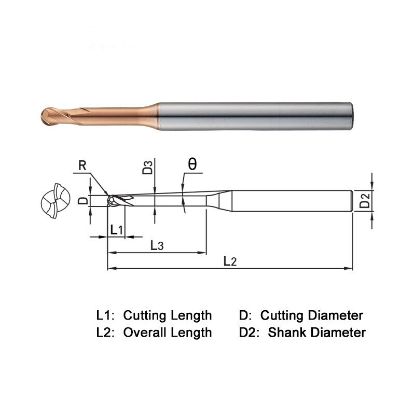 Picture of WIDIN ZSNLB2003-3 DIA 0.30MM SH 0.1575 LOC 0.0098 OAL 1.968 End Mill Standard Flute Standard Helix Carbide AlTiN Single End Ball Nose Z-STAR