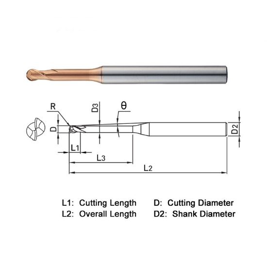 Picture of WIDIN ZSNLB2003-3 DIA 0.30MM SH 0.1575 LOC 0.0098 OAL 1.968 End Mill Standard Flute Standard Helix Carbide AlTiN Single End Ball Nose Z-STAR
