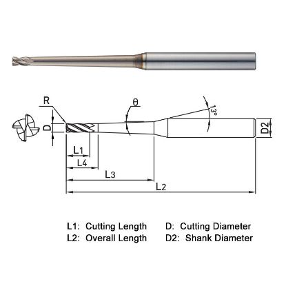Picture of WIDIN WR544020050216 DIA 2MM SH 0.1575 LOC 0.0787 OAL 1.9685 End Mill Standard Flute Standard Helix Carbide AlTiN Single End Corner Radius 0.0197 0.50MM WINNER