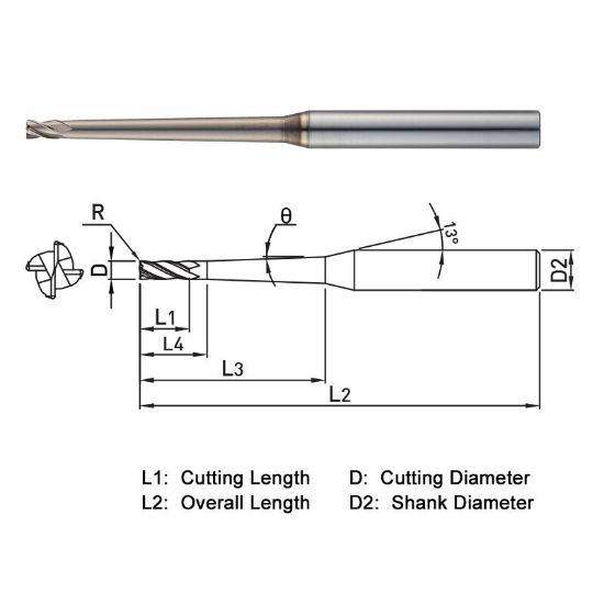 Picture of WIDIN WR544020050216 DIA 2MM SH 0.1575 LOC 0.0787 OAL 1.9685 End Mill Standard Flute Standard Helix Carbide AlTiN Single End Corner Radius 0.0197 0.50MM WINNER