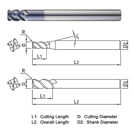 Picture of WIDIN ZR3240410 DIA 4MM SH 0.2362 LOC 0.4331 OAL 2.7559 End Mill Standard Flute Standard Helix Carbide TiAlN Single End Corner Radius 0.0394 1.00MM THUNDER