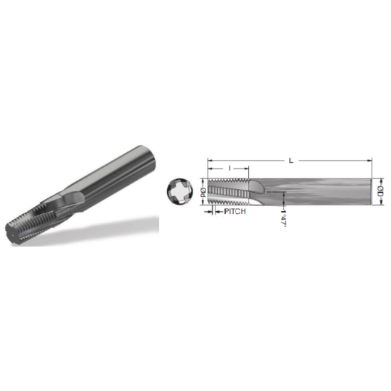 Picture of ADVENT Tool 7161812-1CSNPTH Carbide Thread Mill 18.00TPI NPT 0.432 Cutter Diameter Cylindrical 0.5000 Shank