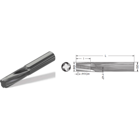 Picture of ADVENT Tool 1828516-1CSBSPF3H Carbide Thread Mill 28.00TPI BSPP 0.300 Cutter Diameter Cylindrical 0.3125 Shank