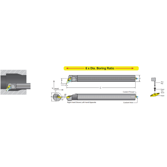 Picture of DORIAN E16M-M-SVQCR-11 Boring Bar 35.0° Carbide Round With One Flat 0.629 Shank 6.500 OAL