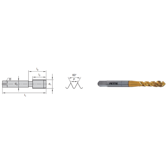 Picture of LMT FETTE 1400480 M20-2.50MM Cut Spiral Flute Mod Bottom 2.0P-3.0P HSSE-Powder Metal TiCN +