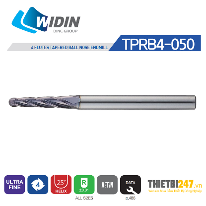 Picture of WIDIN TPRB4008-08-200 DIA 0.80MM SH 0.1575 LOC 0.3150 OAL 1.771 End Mill Taper Flute Carbide AlTiN Single End Ball Nose Z-CLASSIC