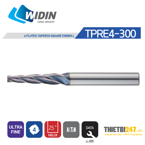 Picture of WIDIN TPRE4012-16-075 DIA 1.20MM SH 0.1575 LOC 0.6299 OAL 1.968 End Mill Taper Flute Carbide AlTiN Single End Square Sharp Z-CLASSIC