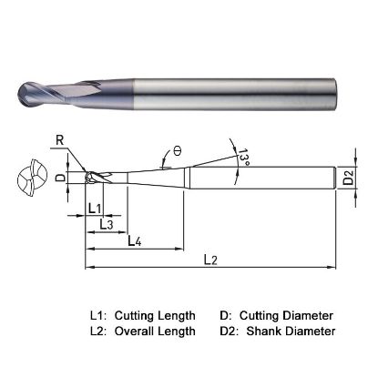 Picture of WIDIN DB34212015 DIA 12MM SH 0.6299 LOC 0.8661 OAL 6.2992 End Mill Standard Flute Standard Helix Carbide TiAlN Single End Ball Nose THUNDER