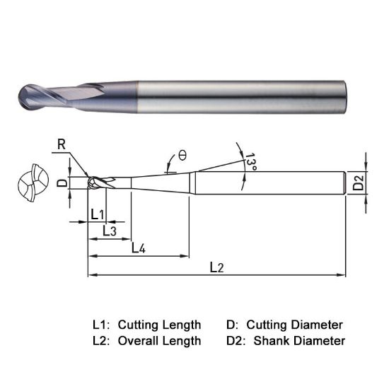Picture of WIDIN DB34212015 DIA 12MM SH 0.6299 LOC 0.8661 OAL 6.2992 End Mill Standard Flute Standard Helix Carbide TiAlN Single End Ball Nose THUNDER