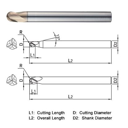 Picture of WIDIN WB503120 DIA 12MM SH 0.4724 LOC 0.4724 OAL 4.3307 End Mill Standard Flute Standard Helix Carbide AlTiN Single End Ball Nose WINNER