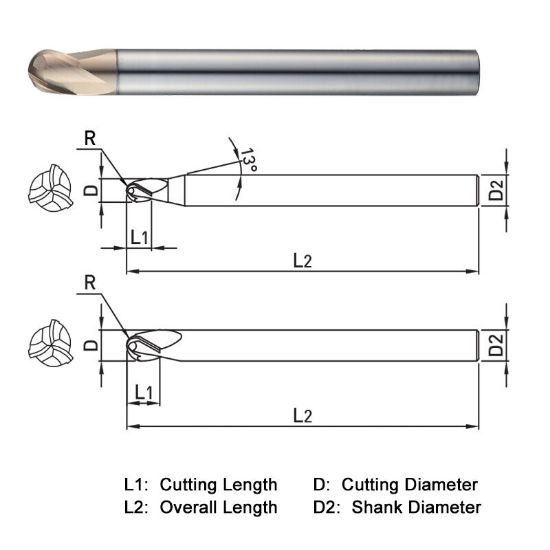 Picture of WIDIN WB503120 DIA 12MM SH 0.4724 LOC 0.4724 OAL 4.3307 End Mill Standard Flute Standard Helix Carbide AlTiN Single End Ball Nose WINNER