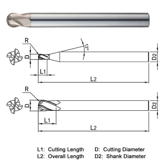 Picture of WIDIN WB504120 DIA 12MM SH 0.4724 LOC 0.4724 OAL 4.3307 End Mill Standard Flute Standard Helix Carbide AlTiN Single End Ball Nose WINNER