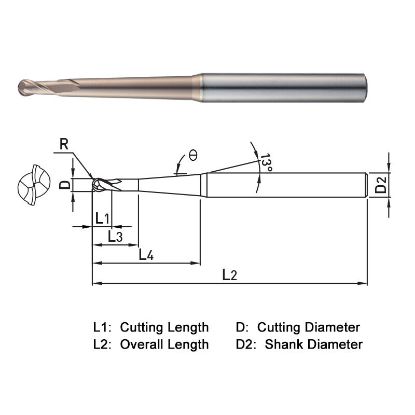 Picture of WIDIN WB5421203090 DIA 12MM SH 0.7874 LOC 0.8661 OAL 7.0866 End Mill Standard Flute Standard Helix Carbide AlTiN Single End Ball Nose WINNER