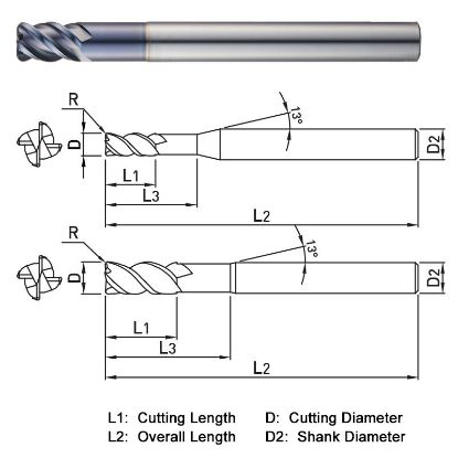 Picture of WIDIN ZR324H1010 DIA 10MM SH 0.3937 LOC 0.5906 OAL 3.9370 End Mill Standard Flute High Helix Carbide TiAlN Single End Corner Radius 0.0394 1.00MM THUNDER